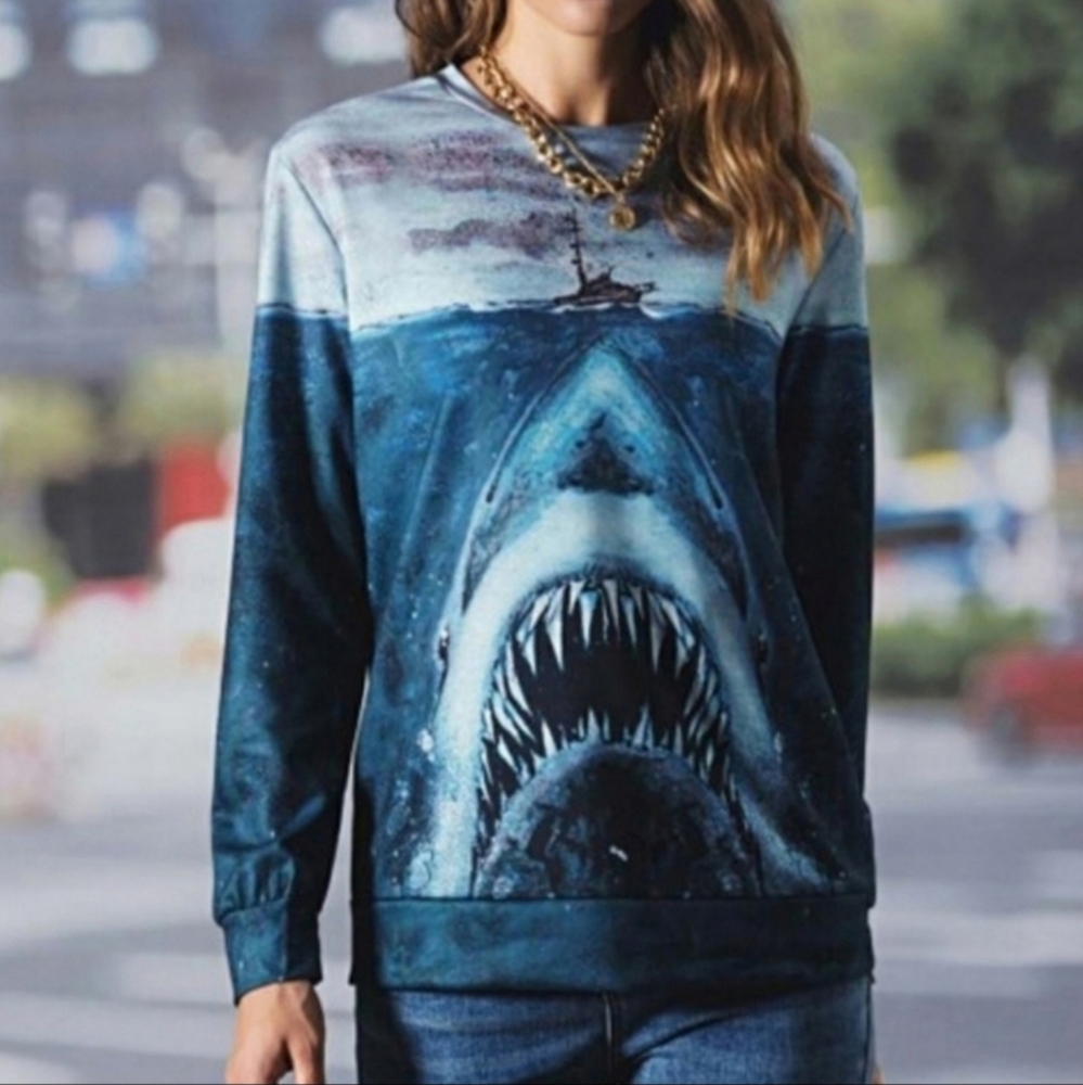 Women's Blue Shark Graphic Sweatshirt Size M